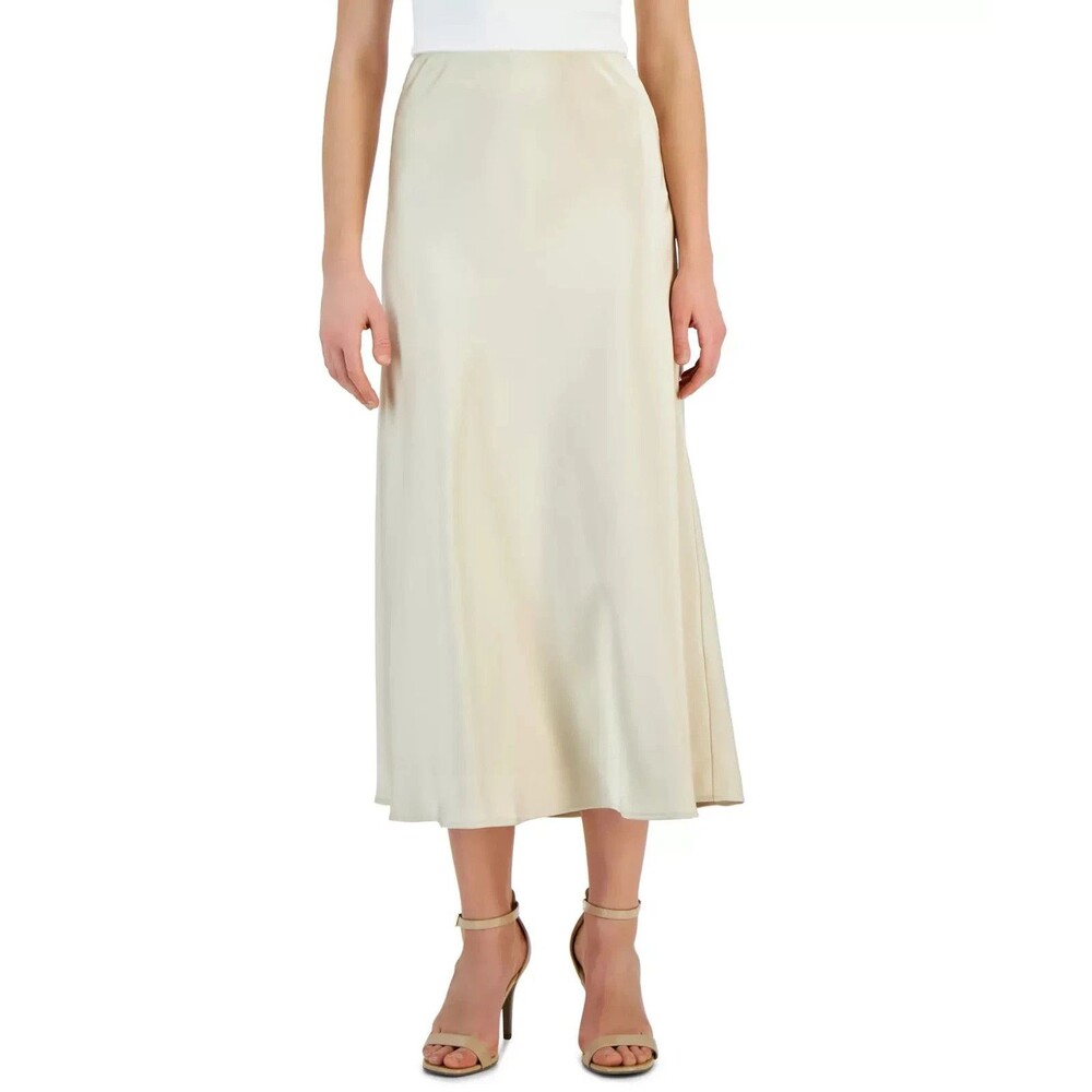 Tahari ASL Women's Trendy Satin Midi Skirt Chic Soft Sleek Sand Cream Size 2